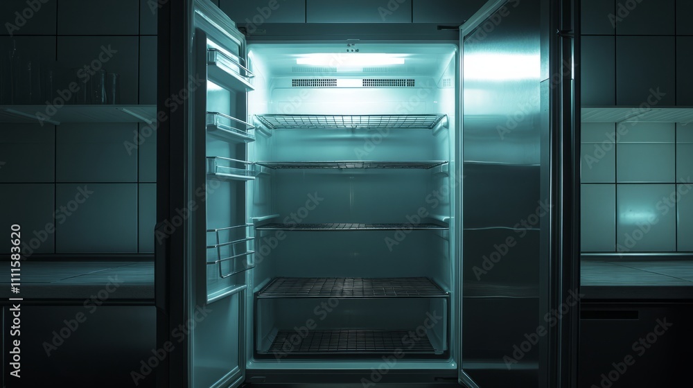 Open Fridge in a Dim Room with Bright Interior Light and Empty Shelves
Open Fridge in a Dim Room with Bright Interior Light and Empty Shelves