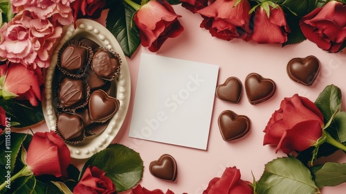 Romantic arrangement of chocolates and red roses with a blank note on a pink background for love and celebration themes