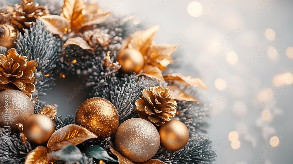 A refined holiday wreath in rich gold tones, adorned with metallic leaves and sparkling gold baubles, set against a neutral light gray backdrop. The setup emphasizes elegance and luxury, hd quality, A refined holiday wreath in rich gold tones, adorned with metallic leaves and sparkling gold baubles, set against a neutral light gray backdrop. The setup emphasizes elegance and luxury, hd quality,