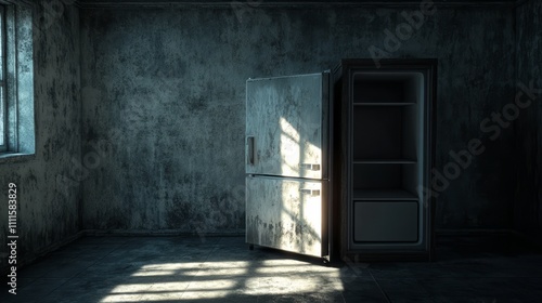 Open Fridge in a Dim Room with Bright Interior Light and Empty Shelves  