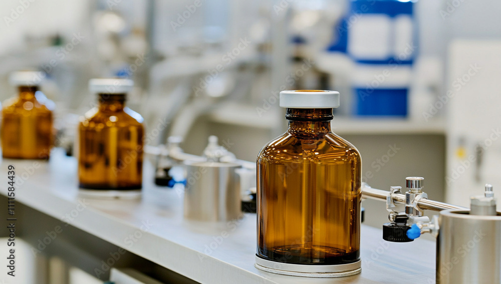 close up shot of packaging line featuring amber glass bottles in action, showcasing efficiency and close up shot of packaging line featuring amber glass bottles in action, showcasing efficiency and