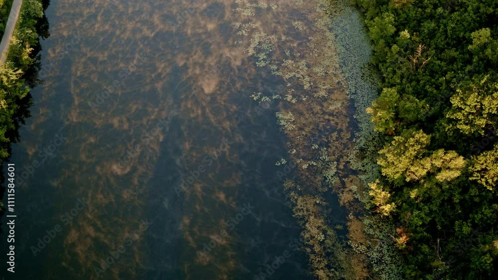 Drone shot flying over dramatic fog hanging over river near ann arbor Michigan Drone shot flying over dramatic fog hanging over river near ann arbor Michigan