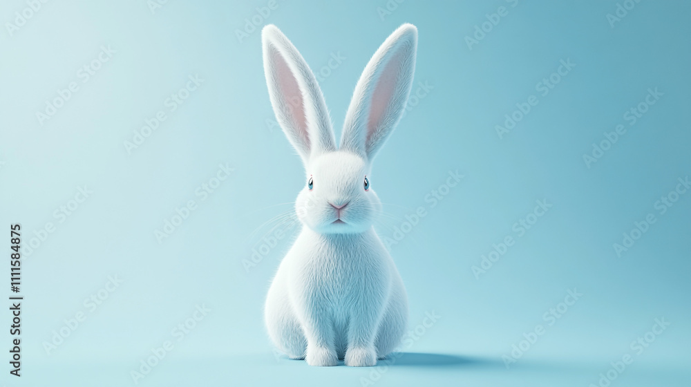 Obraz premium Cute white rabbit sitting calmly against a soft blue background in a serene atmosphere