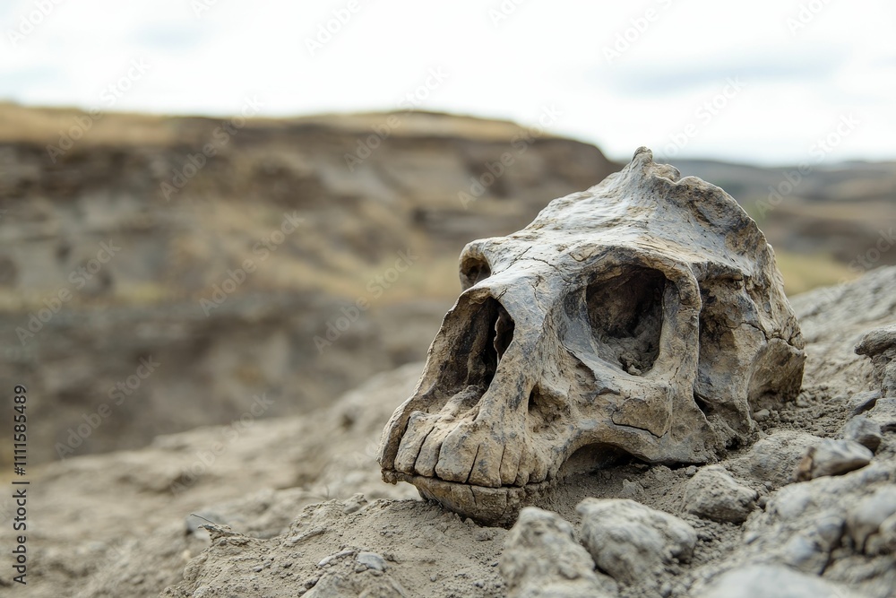 Ancient primate skull rests in arid earth. Ancient primate skull rests in arid earth.