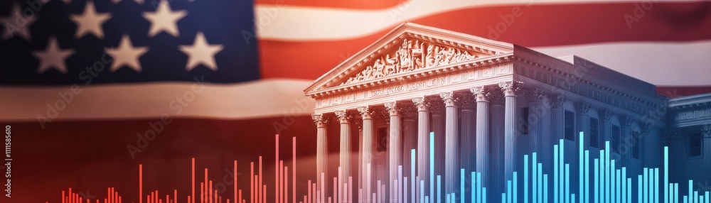 Fototapeta premium A stylized image featuring the U.S. flag and a government building, representing themes of justice, law, and American democracy.