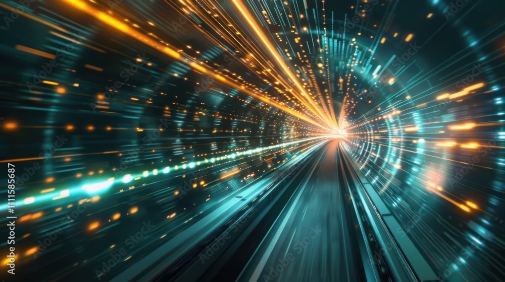 Data transmitting at super speed through a dark tunnel, representing a high-tech, futuristic background.
Data transmitting at super speed through a dark tunnel, representing a high-tech, futuristic background.