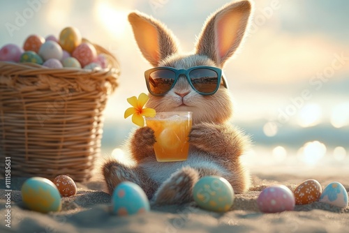 Easter Bunny Relaxing on Beach with Cocktail and Sunglasses