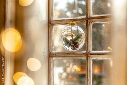 A clear glass Christmas ornament with pine cones inside, hanging in front of an old window with lights and bokeh effect at background, winter season and a cozy atmosphere.