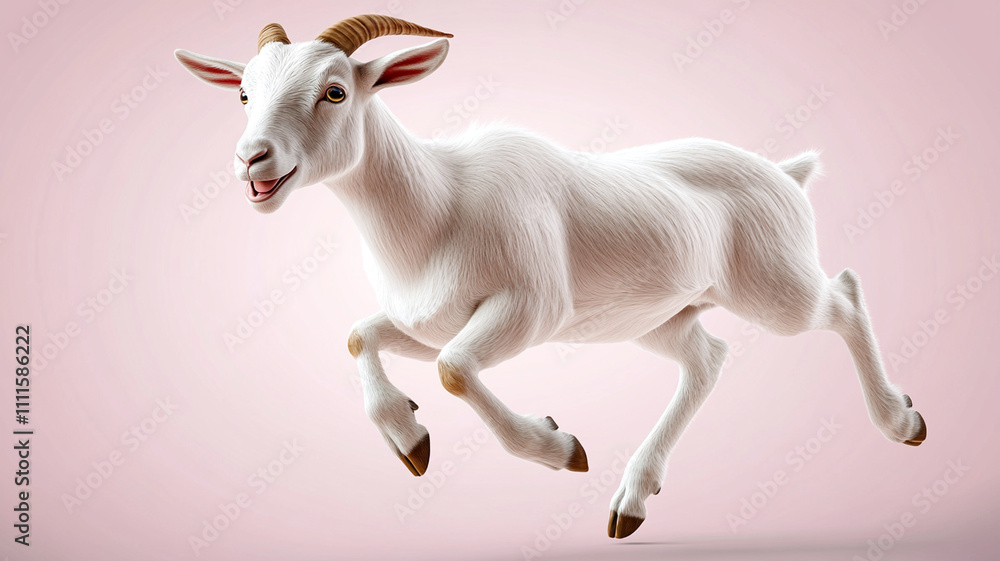playful white goat jumps joyfully against soft pink background playful white goat jumps joyfully against soft pink background
