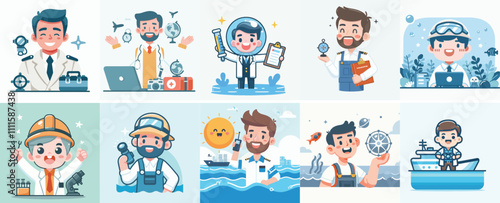 Vector Set of an Oceanographer in a Simple Flat Design Style