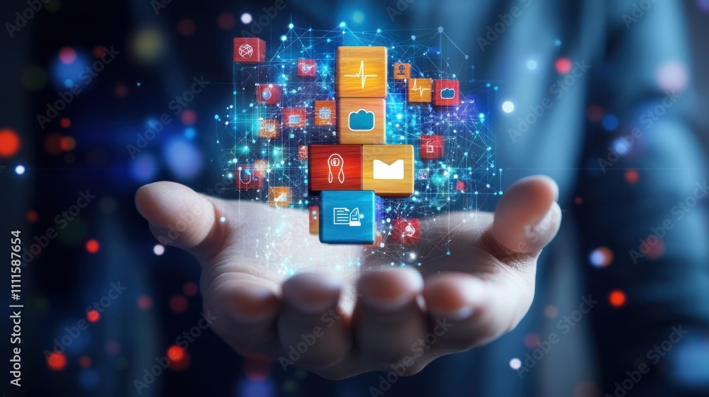 Hand holding digital app icons, technology concept. Hand holding digital app icons, technology concept.