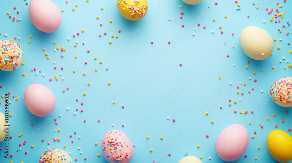Fototapeta premium Colorful decorated eggs scattered on a blue background for spring celebration