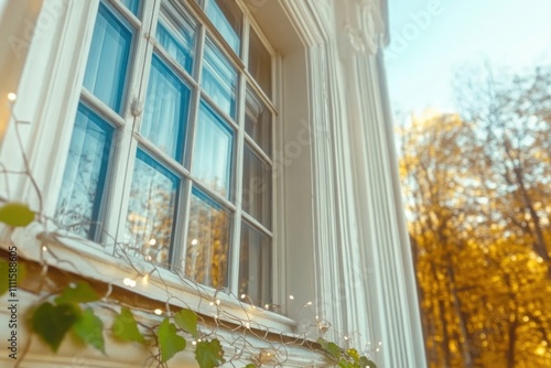 A close-up of the exterior window frames on an old white house, the background features trees with vibrant autumn colors reflecting in the windows, soft sunlight, warm atmosphere. photo