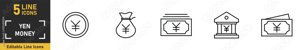 Yen Money line icon set. Set of 5 outline icons related to yen money, coin, money, cash and more. Vector illustration. Yen Money line icon set. Set of 5 outline icons related to yen money, coin, money, cash and more. Vector illustration.