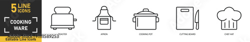 Cooking Ware line icon set. Set of 5 outline icons related to toaster, apron, cooking pot, cutting board, chef hat and more. Vector illustration.