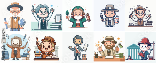 Vector Set of a Historian in a Simple Flat Design Style