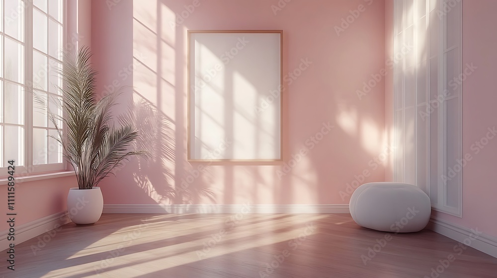 Scandinavian-inspired living room with a soft pink wall and frame mockup, colorful decor Scandinavian-inspired living room with a soft pink wall and frame mockup, colorful decor