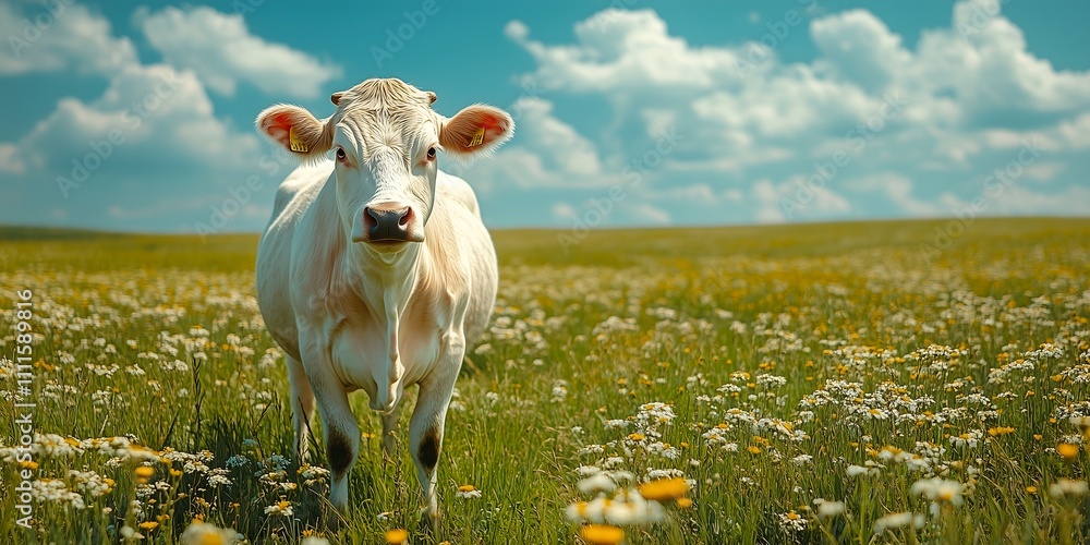 cow on a meadow with green grass against the background of a dark blue sky with white fluffy clouds cow on a meadow with green grass against the background of a dark blue sky with white fluffy clouds