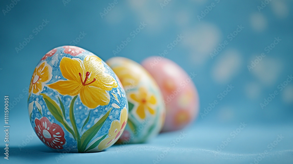 Fototapeta premium Colorful painted Easter eggs arranged on a blue background for spring celebration