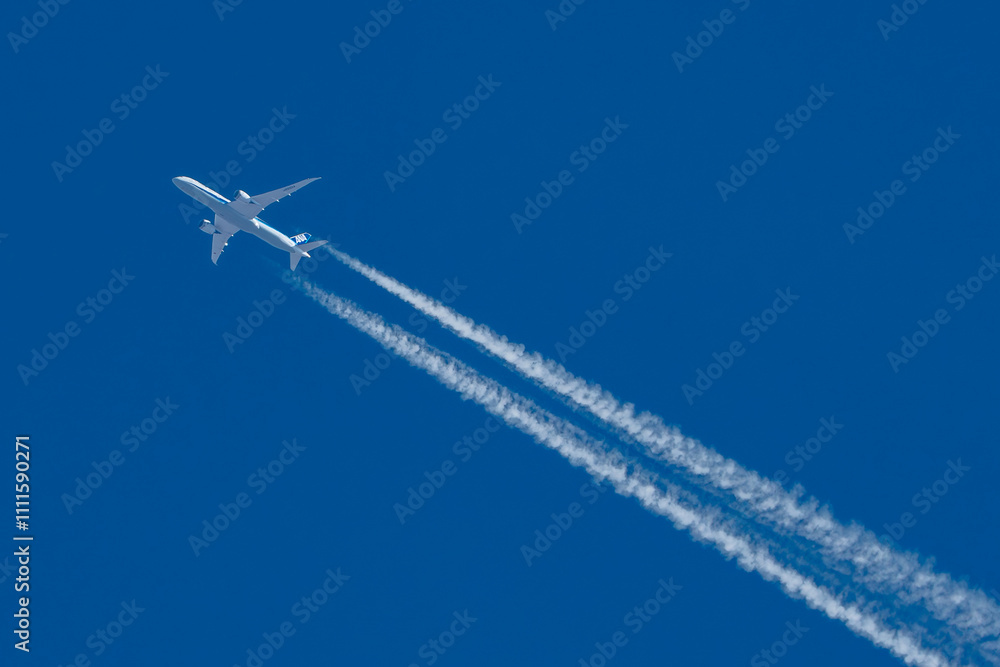 Ταπετσαρία Commercial airplane with jet stream overhead view with blue background and vapour trail