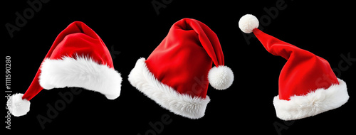 Set of isolated red Santa Claus hats on transparent background