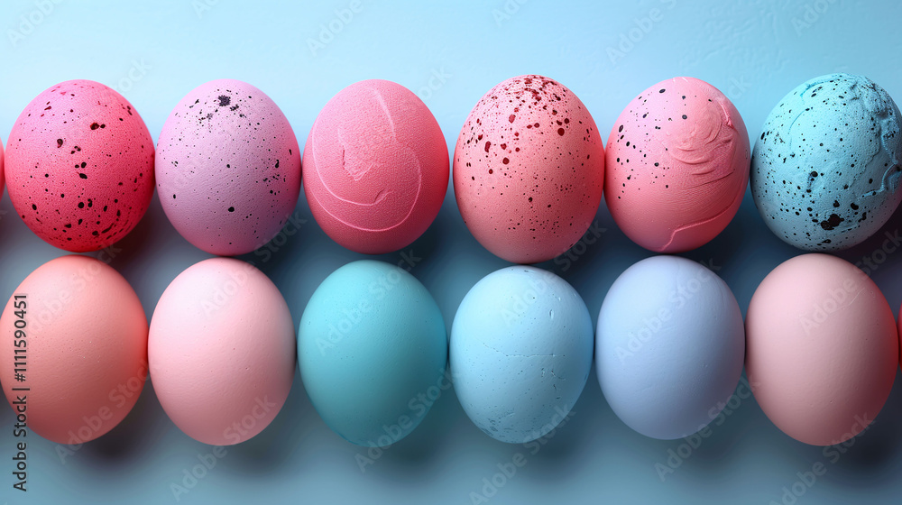 Colorful Speckled Easter Eggs on Blue Background Colorful Speckled Easter Eggs on Blue Background