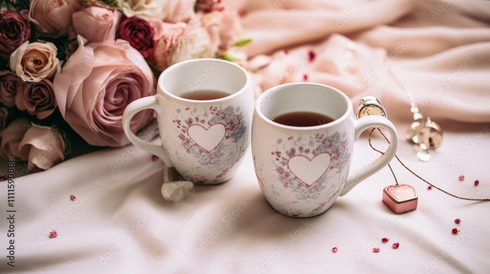 Romantic tea or coffee cups with floral design on soft fabric background alongside pink roses and delicate jewelry accessories Romantic tea or coffee cups with floral design on soft fabric background alongside pink roses and delicate jewelry accessories