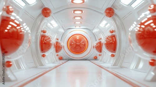 A futuristic corridor with a sleek, white design, featuring orange accents and spherical elements, evoking a sci-fi atmosphere. photo