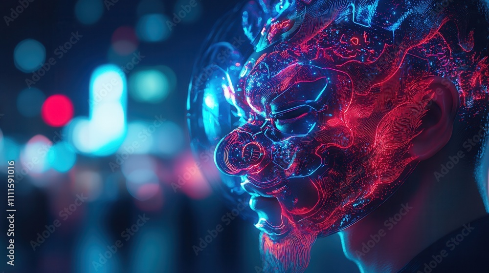 A visually striking representation of a face illuminated with vibrant red and blue light, set against a blurred urban night background. A visually striking representation of a face illuminated with vibrant red and blue light, set against a blurred urban night background.