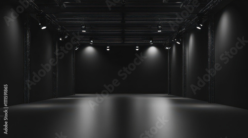 large dark exhibition hall with lighting and empty space