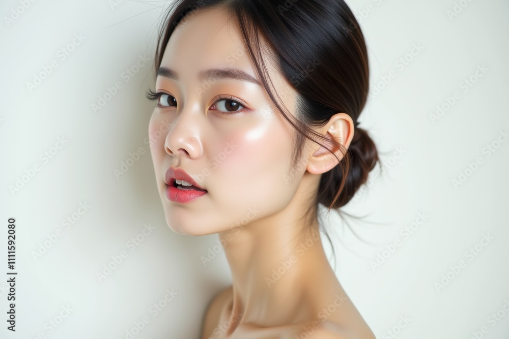 Elegant Asian woman with flawless glowing skin, soft natural makeup, and a sleek bun hairstyle, captured in a minimalist portrait. Ideal for beauty and skincare themes. Elegant Asian woman with flawless glowing skin, soft natural makeup, and a sleek bun hairstyle, captured in a minimalist portrait. Ideal for beauty and skincare themes.