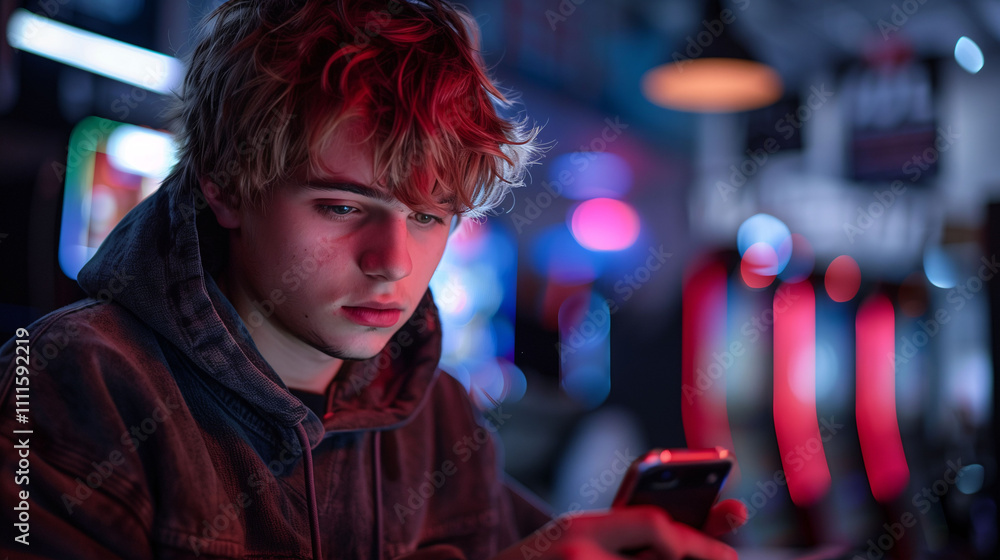Young Man Using Smartphone in Neon Lit Room Young Man Using Smartphone in Neon Lit Room