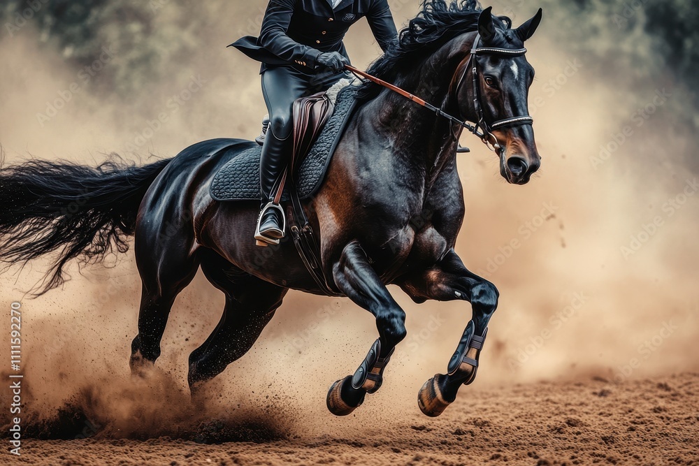 Rider on a black horse galloping. Captures the power and grace of equestrian sport. Rider on a black horse galloping. Captures the power and grace of equestrian sport.