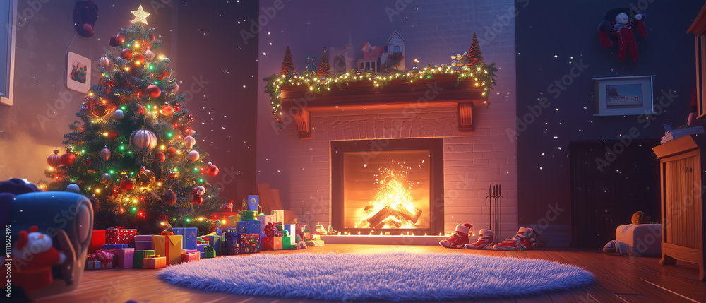 Obraz premium Fireplace illuminating the room, Christmas tree with lights and toys under it-15