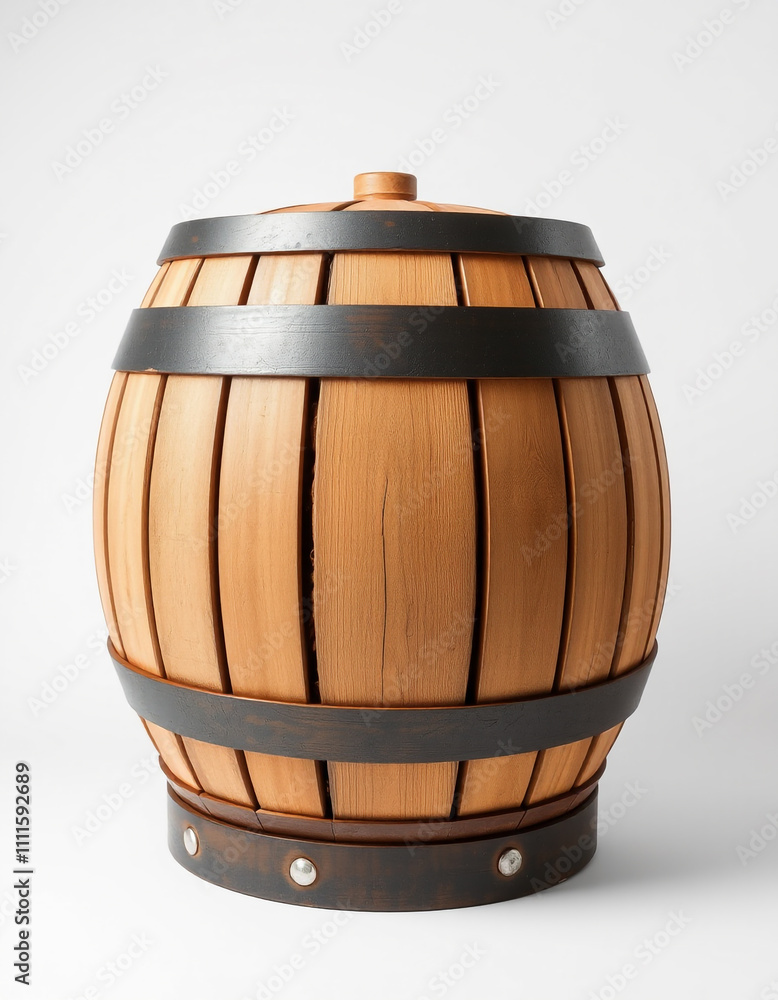 Rustic Wooden Barrel with Metal Bands Isolated on White Background, Perfect for Storage or Decor. Rustic Wooden Barrel with Metal Bands Isolated on White Background, Perfect for Storage or Decor.