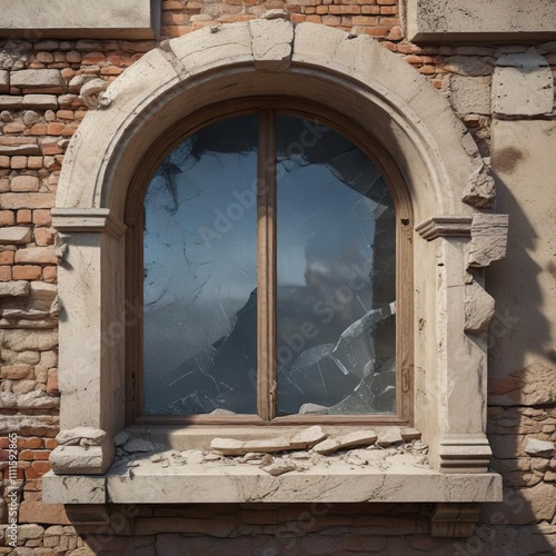 Fragment of a Roman window with broken glass and plaster, broken, art, ancient photo