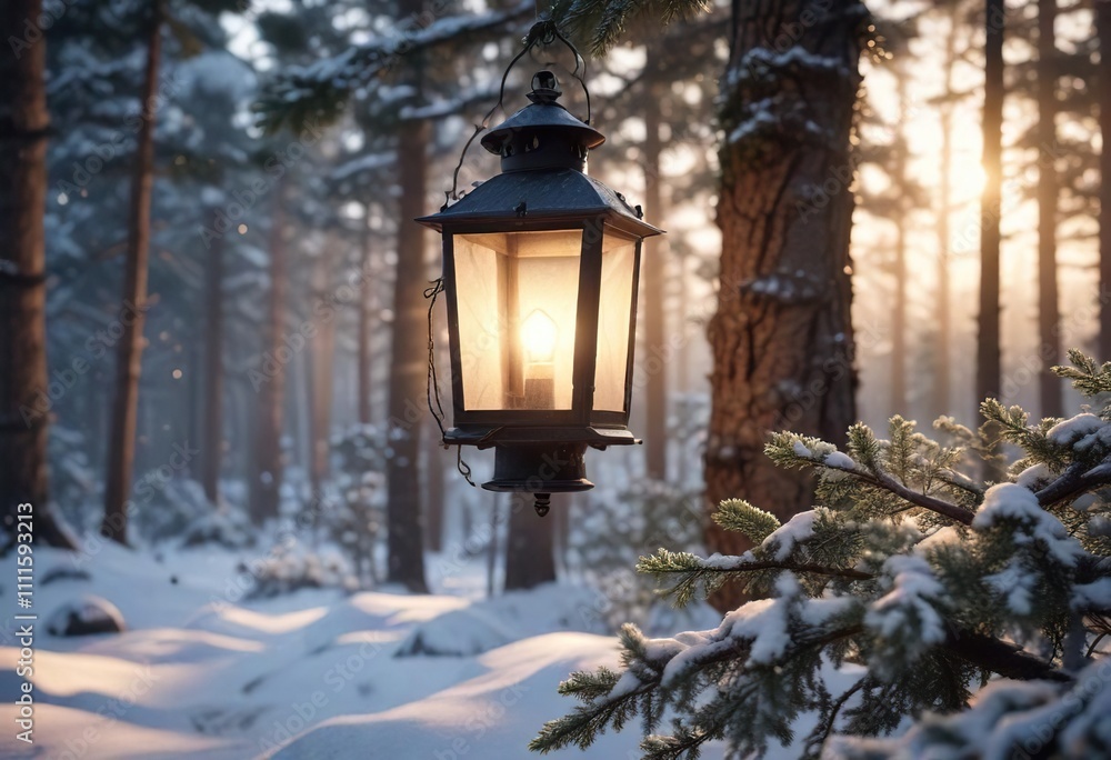 Lantern in the snowlit forest with frosted pine branches and soft sunlight, soft sun, snowy forest Lantern in the snowlit forest with frosted pine branches and soft sunlight, soft sun, snowy forest