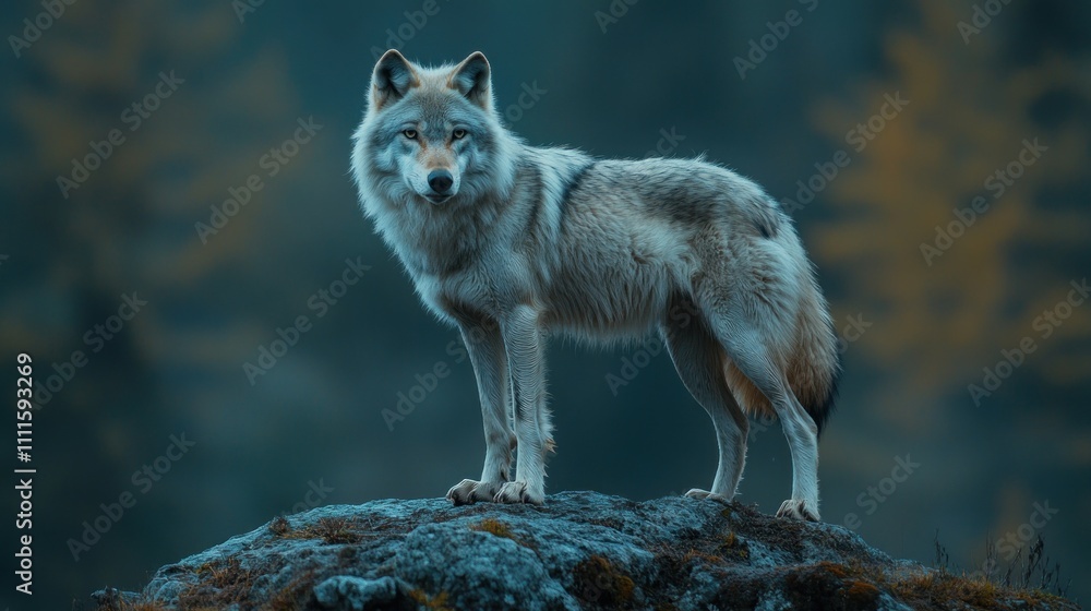 Lone wolf standing on a rocky outcrop under a full moon soft glow highlighting its fur mysterious and powerful scene Lone wolf standing on a rocky outcrop under a full moon soft glow highlighting its fur mysterious and powerful scene