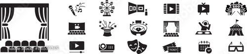 
Entertainment Show icon set. live media movie event stage video theater concert cinema ticket magician circus. Linear icon collection. Editable stroke. Vector illustration