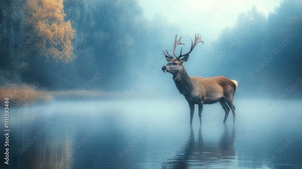 Deer standing quietly by a misty lake early morning light casting reflections on the water serene and magical wildlife moment Deer standing quietly by a misty lake early morning light casting reflections on the water serene and magical wildlife moment