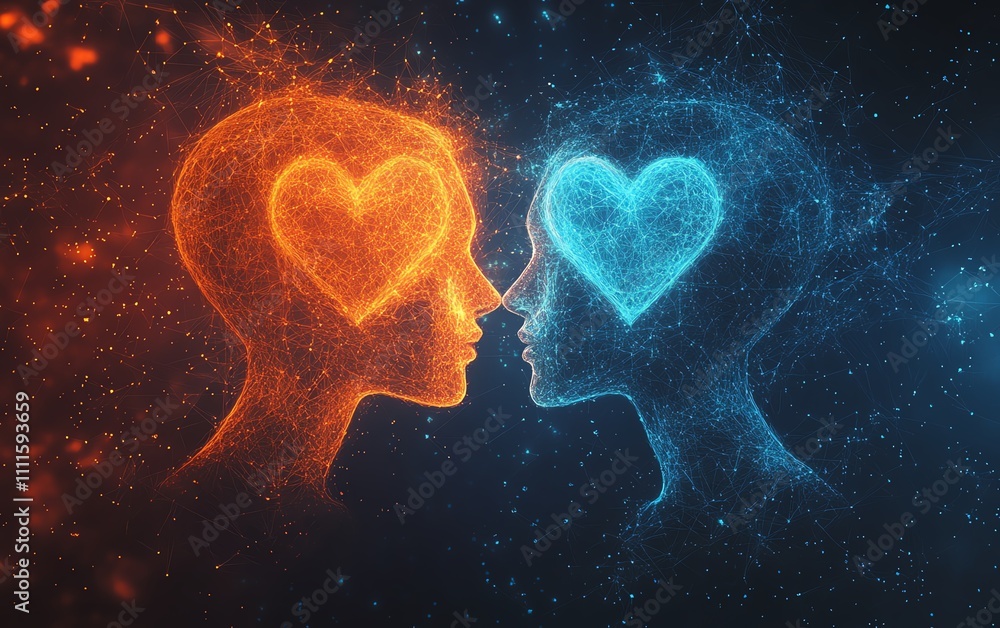 Abstract glowing symbols of hearts and minds interconnected, portraying psychological intelligence and social skills, intricate and vibrant details Abstract glowing symbols of hearts and minds interconnected, portraying psychological intelligence and social skills, intricate and vibrant details