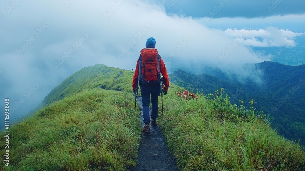 An adventurer is walking through a high mountain path with a panoramic view of nature. An adventurer is walking through a high mountain path with a panoramic view of nature.