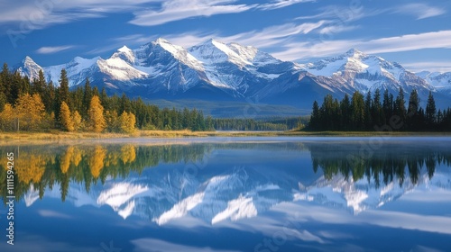 Serene mountain lake reflecting snow-capped peaks under a clear autumn sky.