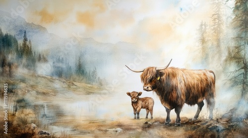 Soft watercolor tones depict a Highland cow and calf in a serene, misty morning landscape, filled with peace and rustic beauty. photo