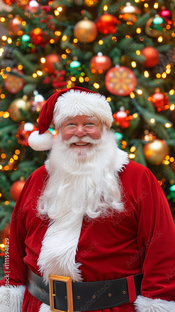 A cheerful, chubby Santa Claus dressed in his traditional red outfit, standing proudly in front of a towering Christmas tree adorned with glowing lights and vibrant ornaments. A cheerful, chubby Santa Claus dressed in his traditional red outfit, standing proudly in front of a towering Christmas tree adorned with glowing lights and vibrant ornaments.