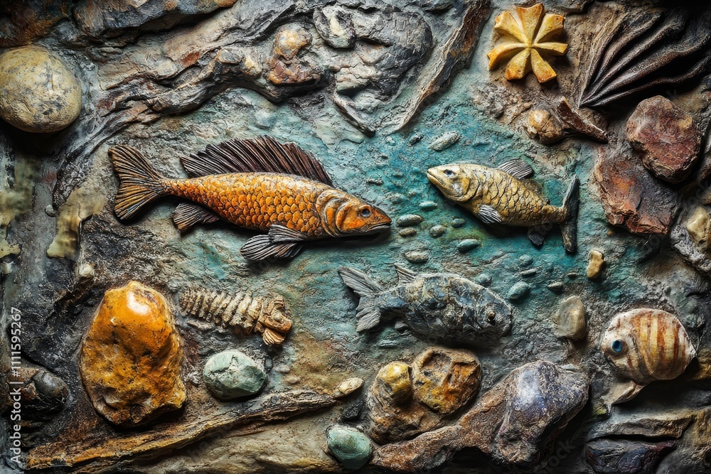 Fototapeta premium Stone relief depicting aquatic life, rocks, and plants.