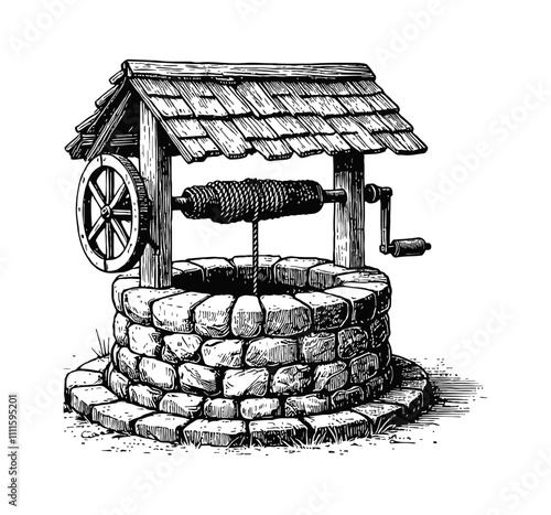 stone water well engraving black and white outline