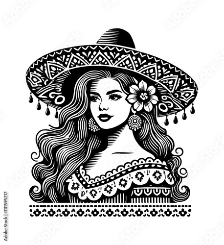Mexican woman traditional dress wearing sombrero engraving black and white outline