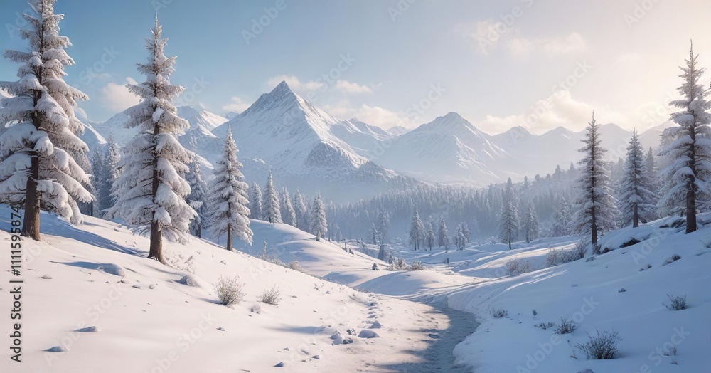 Winter wonderland scene with snow-covered hills and trees, cold weather, serene landscape Winter wonderland scene with snow-covered hills and trees, cold weather, serene landscape