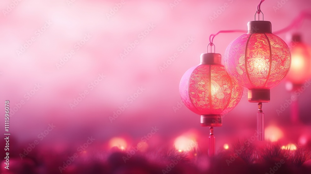 A serene scene featuring illuminated pink lanterns against a hazy background, creating a warm and inviting atmosphere. A serene scene featuring illuminated pink lanterns against a hazy background, creating a warm and inviting atmosphere.